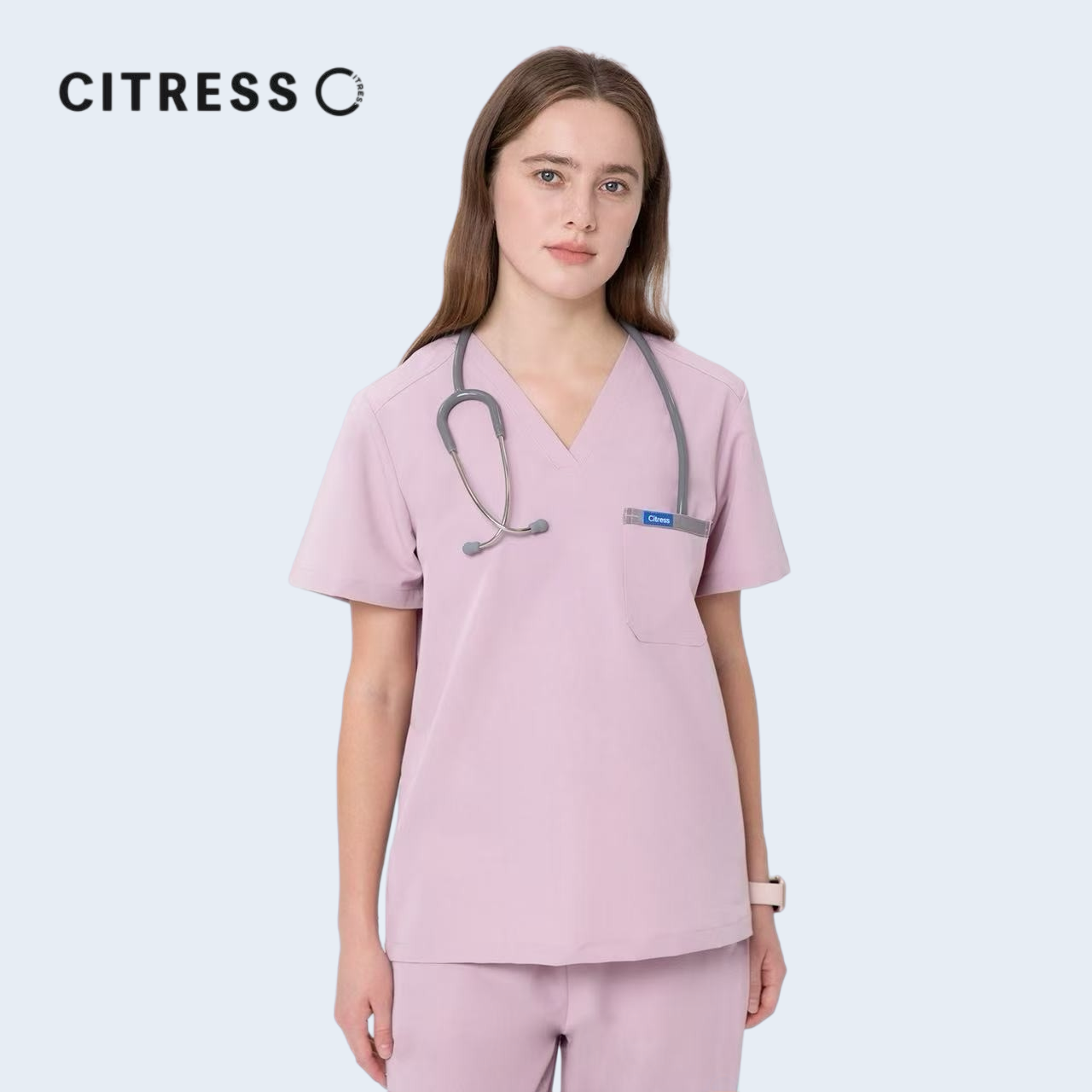 Citress pink V-neck scrub top for women medical workers