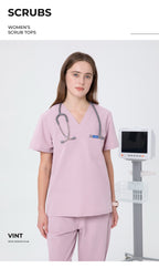 CITRESS pink scrub set product overview, showing front and detail views