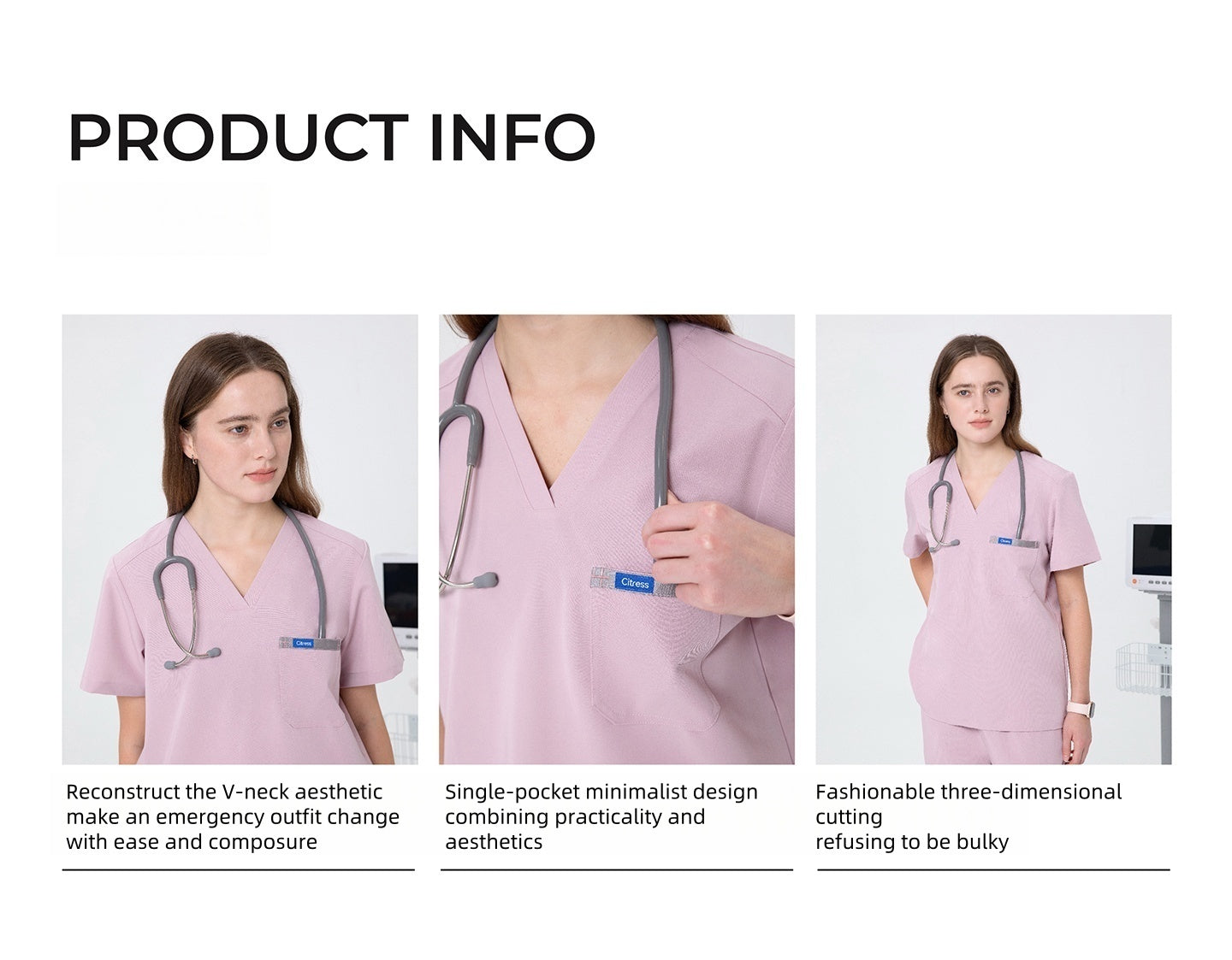 CITRESS pink scrub set details: fabric, fit and functional design for medical use