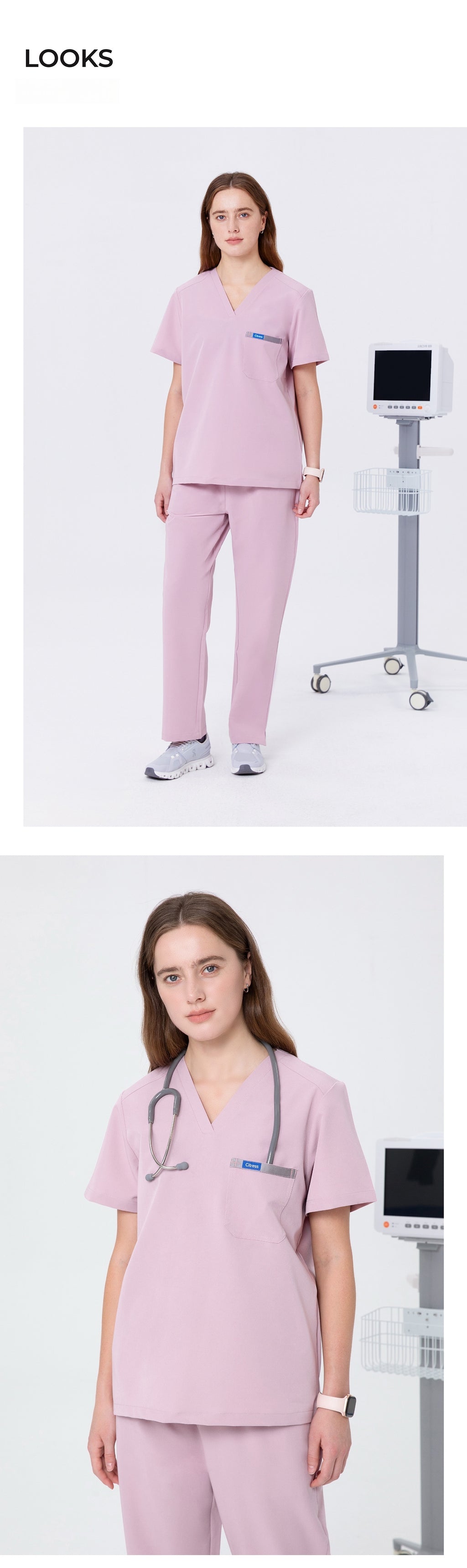 3 views of CITRESS pink scrub set: front, back and side for nurses