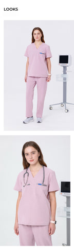 3 views of CITRESS pink scrub set: front, back and side for nurses