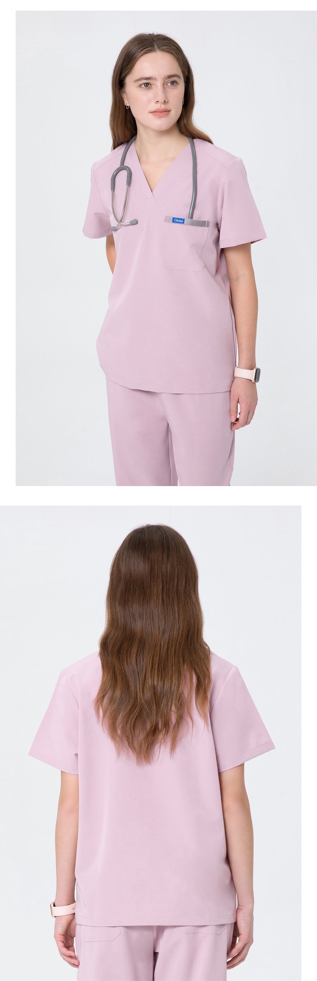 3 views of CITRESS pink scrub set: front, back and side for nurses