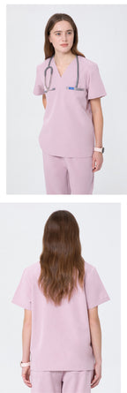 3 views of CITRESS pink scrub set: front, back and side for nurses