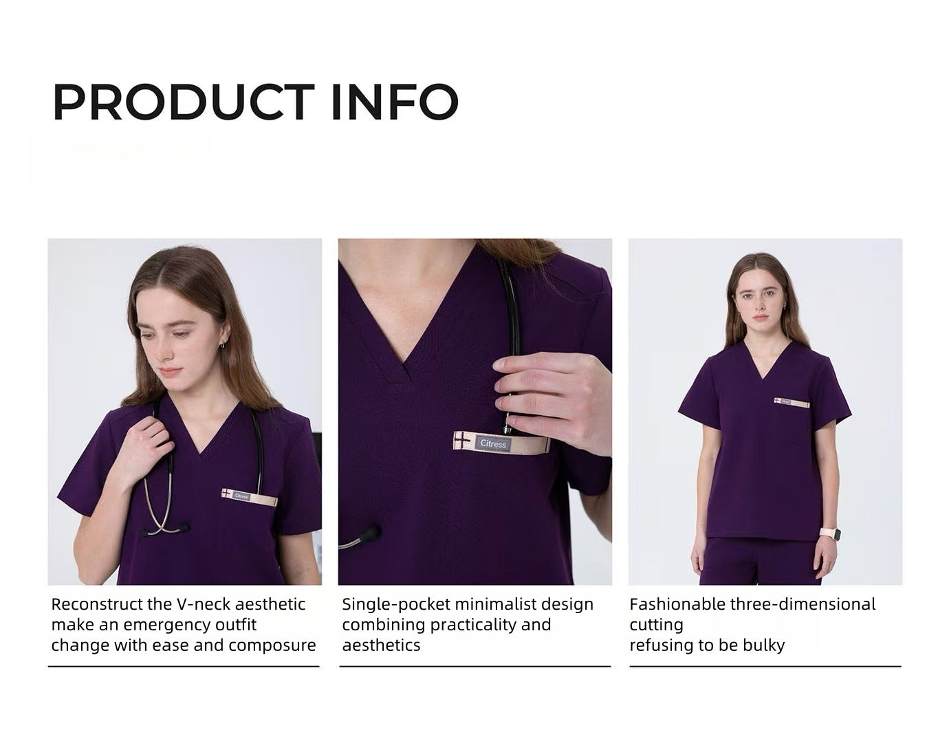 CITRESS purple scrub set details: fabric, fit and functional design for nurses