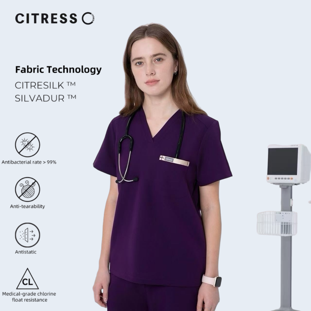 CITRESS women's purple V-neck scrub set, with Citresilk antibacterial fabric