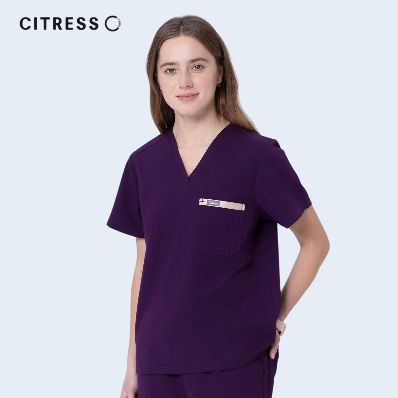 Side view of CITRESS women's purple scrub top, soft stretch fabric