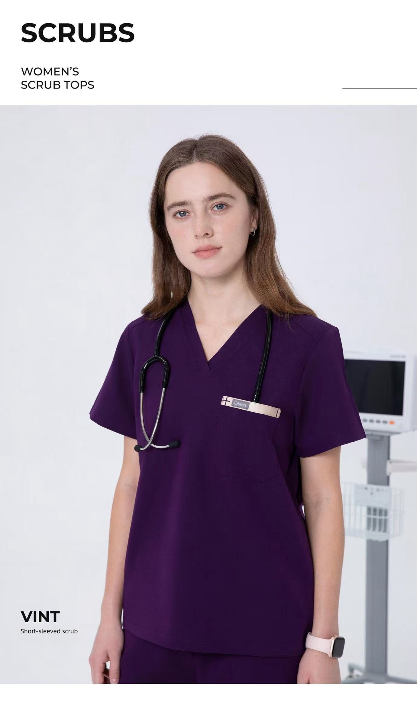 CITRESS purple scrub top product shot, front view with clean background