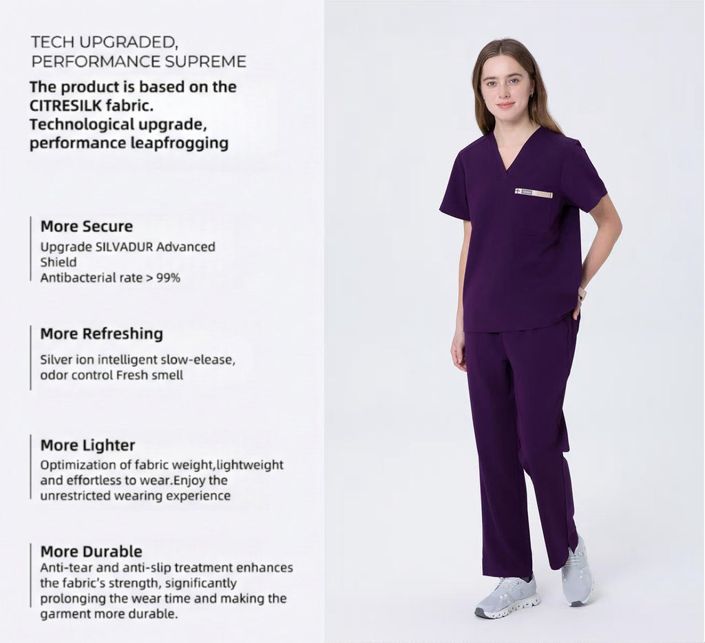 CITRESS purple scrub set product overview, showing fit and fabric details