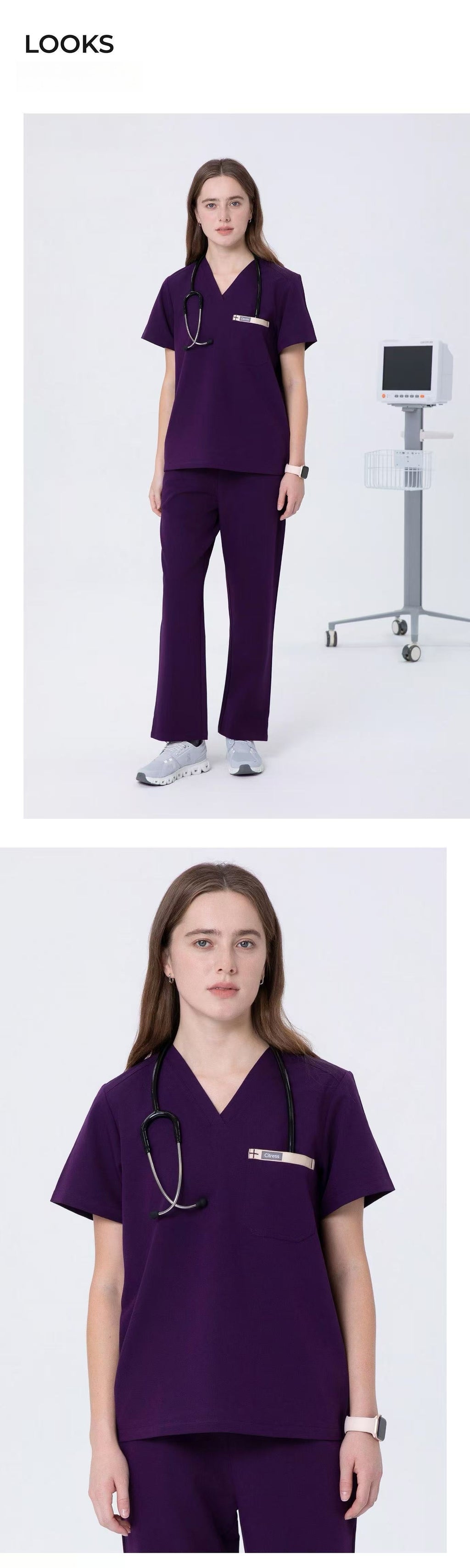 Front and back views of CITRESS purple scrub set for women healthcare workers