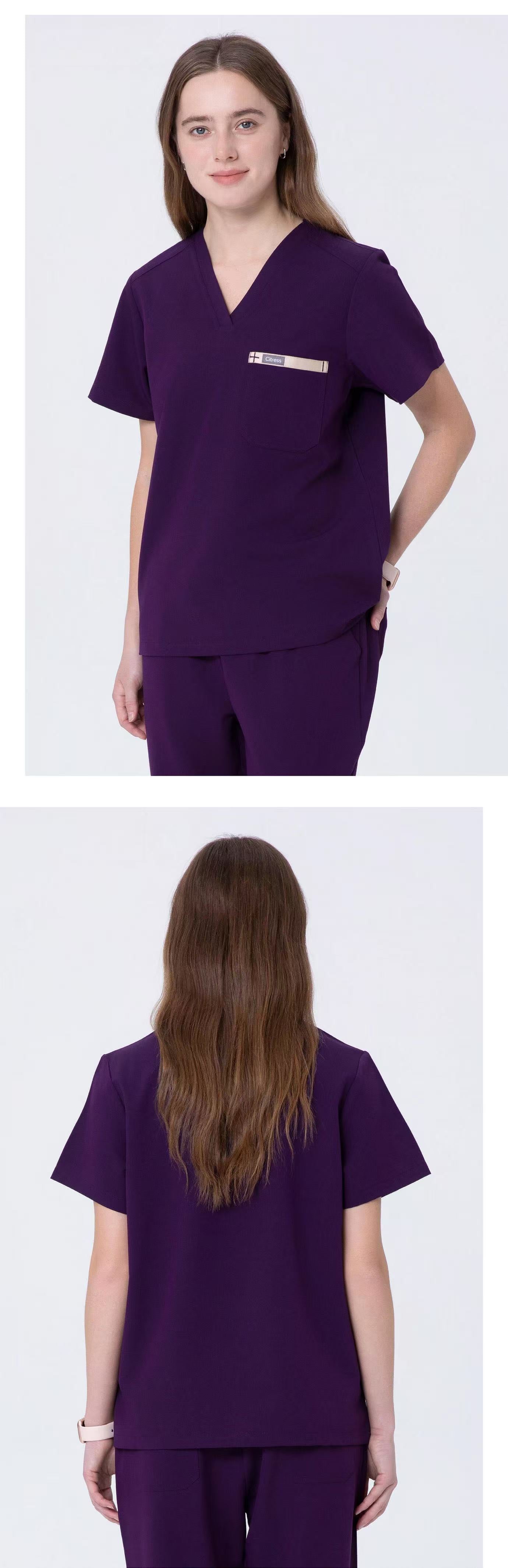 Front and back views of CITRESS purple scrub set for women healthcare workers