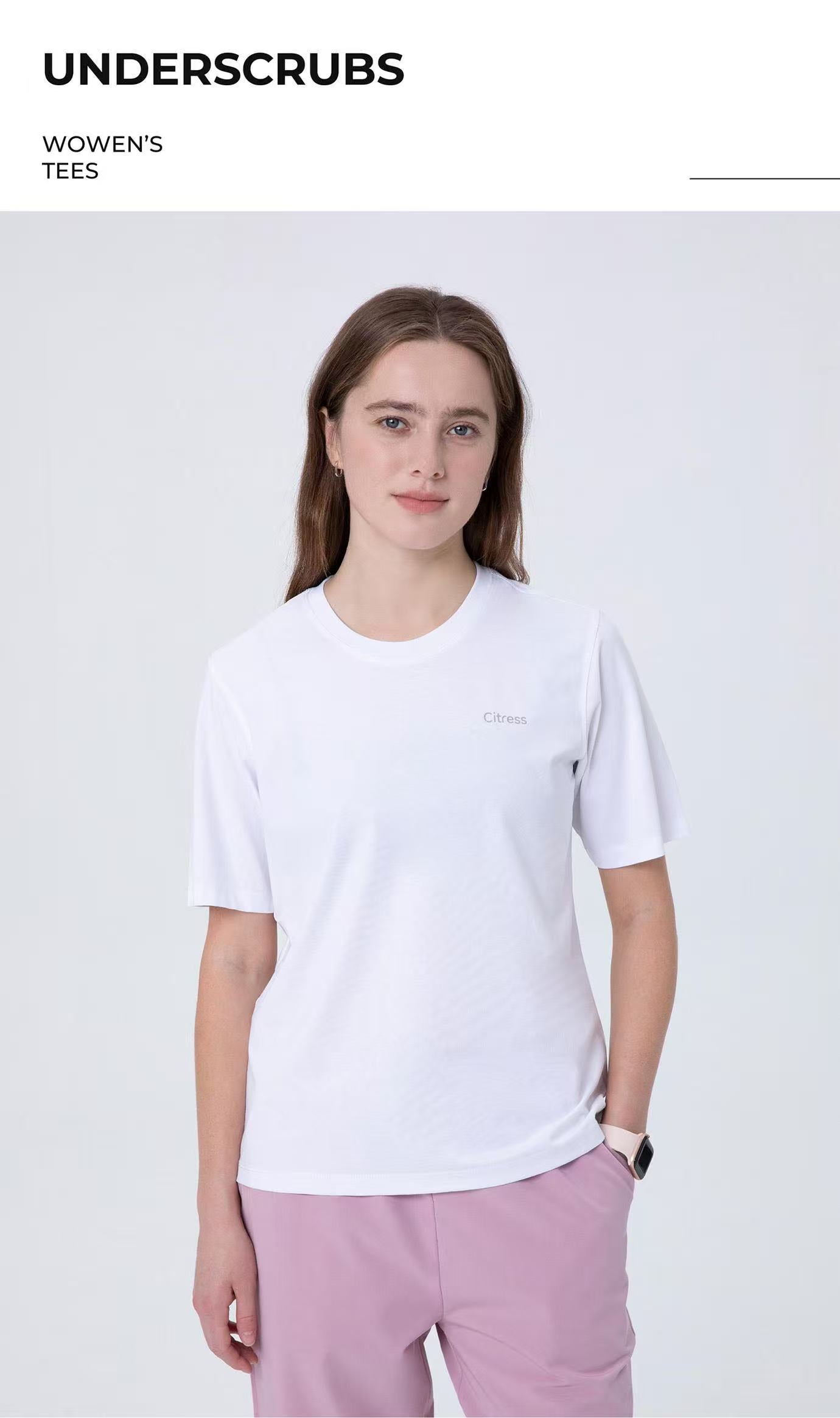 CITRESS white underscrub t-shirt paired with pink scrub pants, nurse workwear