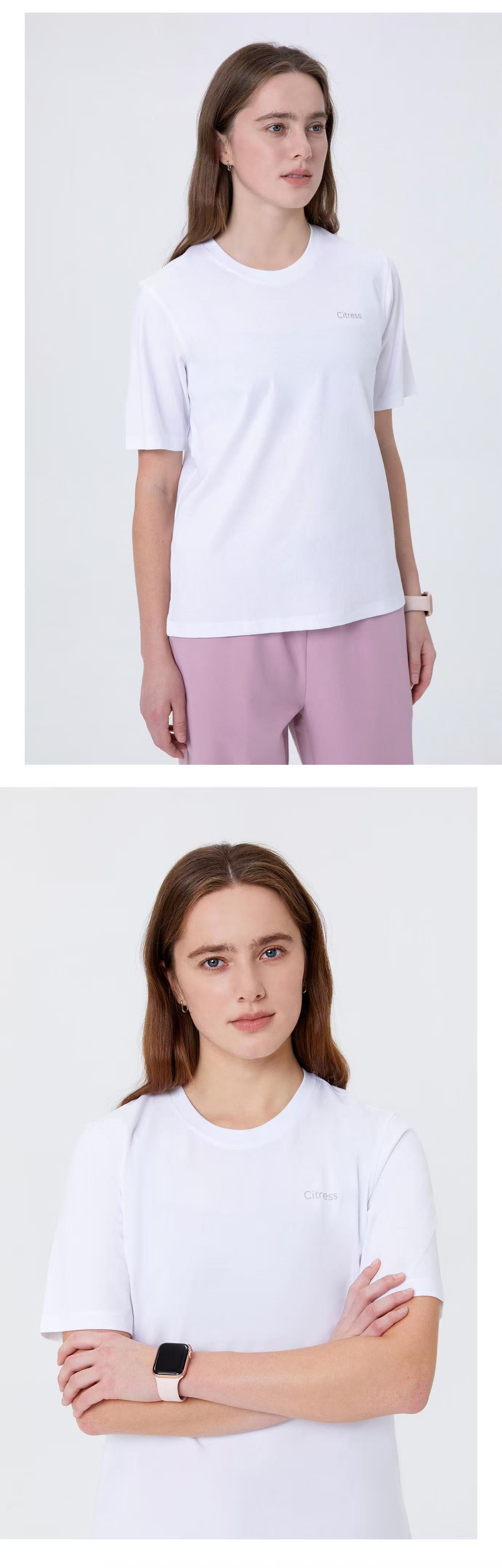 CITRESS white underscrub t-shirt with pink scrub pants, two views for nurses